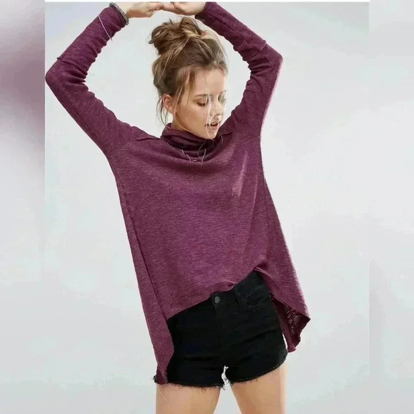 Free People We the Free Split Back Mock Neck Thermal Tunic Top in Purple M - Picture 1 of 8